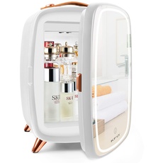 KFO Tragbarer gespiegelter Schönheitskühlschrank mit LED-Beleuchtung, 6 Liter tragbarer Minikühlschrank für Make-up, 4 Liter/6 Kann 3 LED Spiegel Licht Modus, für Make-up Storag