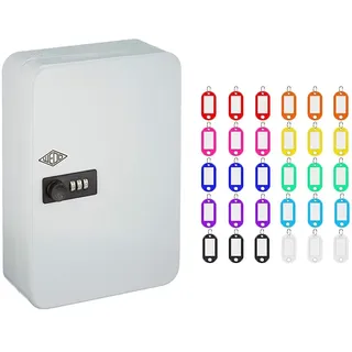 Wedo 10242437 Schlüsselschrank für 24 Schlüssel, 18,6 x 9,4 x 25 cm, Hellgrau & Schlüsselanhänger, 30 Kunststoff Schlüsselanhänger Beschriftbar,10 Arten Verschiedenfarbige Schlüsselschilder
