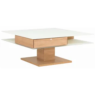 Voglauer Couchtisch , Weiß, Eichefarben , Glas, Holzwerkstoff , furniert , 2 Schublade(n) Schubladen , quadratisch , Säule , 90x43x90 cm , Made in Austria , Stauraum, höhenverstellbar , Wohnzimmer, Wohnzimmertische, Couchtische, Höhenverstellbare Couchtische