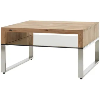 Novel Couchtisch , Eichefarben, Edelstahlfarben, Bronzefarben , Holz, Metall, Glas , Eiche , massiv , quadratisch , Kufe , 70x39x70 cm , Wohnzimmer, Wohnzimmertische, Couchtische, Couchtische Glas