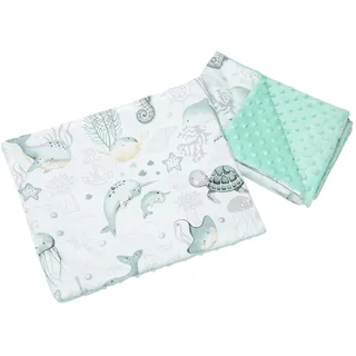 Medi Partners Babydecke Krabbeldecke mit Kissen 100% Baumwolle Minky Kinderdecke 55x75 + 35x30cm multifunktional für Kinderwagen Babyschale Wiege (Ozean mit Mint Minky)