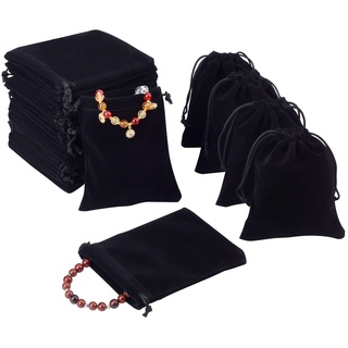 PandaHall Elite - 50Pcs Velvet Pouch Taschen Rechteck Kordel Taschen Geschenktüten für Schmuck, schwarz, 12x10cm