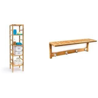 Relaxdays Badregal Holz Verschiedene Größen 3-5 Ablagen Standregal aus Walnuss & 5 stöckig aus Massivholz für Bad, Küche, Flur, Sauna, braun & Wandregal mit Hakenleiste HBT 18 x 50 x 16 cm