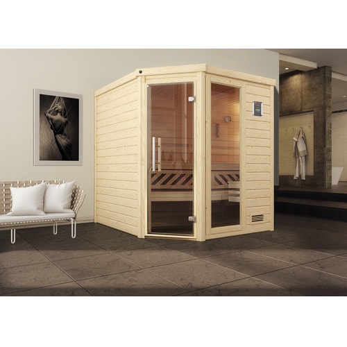 Bild von Premium Massivholzsauna Turku 2 Sparset 7,5 kW-Ofen mit digitaler Steuerung beige