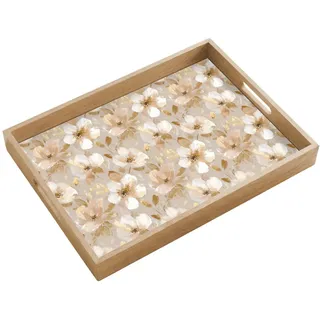 OnlyWow Tablett Blumen - künstlerisch - Gold 50x35 cm , Beige , Holz , Echtholz,Eiche , Rechteckig , 50x5x5 cm , Geschirr, Tischkultur & Serviergeschirr, Tabletts