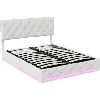 Bett (140 x 200 cm), Stauraum, Lattenrost, LED-Beleuchtung und verstellbares Kopfteil, Beige - Beige