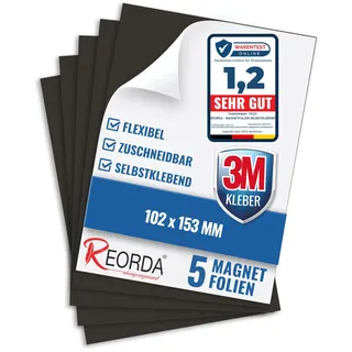 Reorda Magnetfolie selbstklebend 5er Set - Magnetpapier mit starkem 3M-Kleber - Magnetplatte zuschneidbar für Kühlschrank, Tafeln & Poster - Magnetische Folie selbstklebend für's Basteln