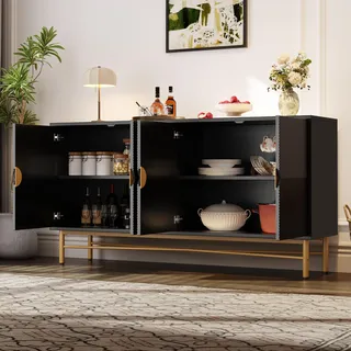 Flieks Kommode Wohnzimmerschrank Sideboard mit 4 Türen, Anrichte Aufbewahrungsschrank mit Hochglanz Beinen, 160x40x82 cm, Schwarz - Schwarz