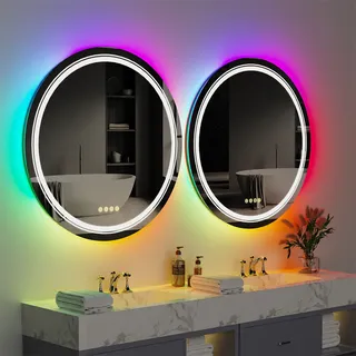 WISFOR LED Badspiegel Rund, 80cm LED Wandspiegel Badezimmerspiegel mit Beleuchtung, 8 Lichtmodi 2800-6500K Dimmbar Beschlagfrei Lichtspiegel mit Touchschalter IP65 - Silber