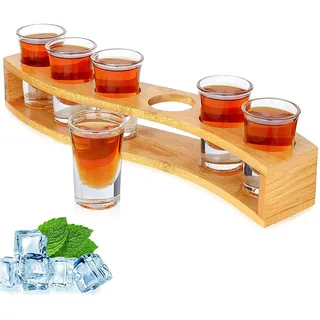 Schnapsgläser-Set 3cl Halter und Schnapsgläser 1oz/30 ml Getränke-Servierbrett Organizer 6 Löcher mit Klarglas 6 Stück für Likör-Shots Tequila Whisky Brandy Wodka Rum Home Party Bar Geschenk