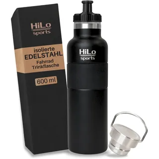 HiLo sports 600 ml Fahrradflasche Edelstahl Isoliert - Für Kunststoff Flaschenhalter - [Pulver Beschichtetes Edelstahl] - Fahrrad Trinkflasche mit 2 Verschlüssen - Thermo Radflasche (Schwarz)