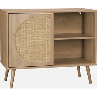 sweeek - Skandinavisches Sideboard mit Holzdekor und abgerundetem Rattan-Geflecht 1 Tür 80 cm - Natur