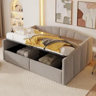 Ball & Cast Schlafsofa (140 * 200cm) mit Hydraulischem Stauraum, Polsterbett mit Lattenrost und Armlehnen, Hautfreundlichem Samt, Einfache & Zeitsparende Montage, Hellgrau