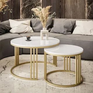Runder Couchtisch 2in1 LORI GOLD Hochglanz - Weiß