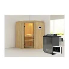 KARIBU Sauna »Tartu«, inkl. 9 kW Bio-Kombi-Saunaofen mit externer Steuerung, für 3 Personen - beige