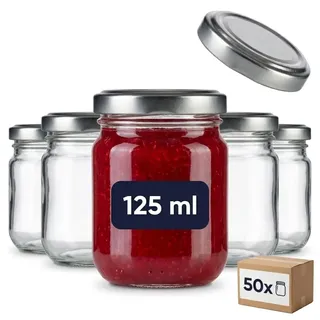 gouveo 50er Set Einmachgläser 125 ml (0,125 l) Einmachglas Helix mit Schraubdeckel (TO 53) Twist-Off Deckel Metall silberfarben BS, kleine Sturzgläser für Marmelade, Honig, Gewürze (HEG125SBS)