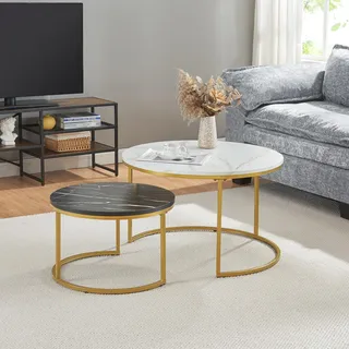 Couchtisch ’Christchurch’ 2er Set Satztisch Metallgestell Marmoroptik, Weiß/Schwarz/Gold - Beige