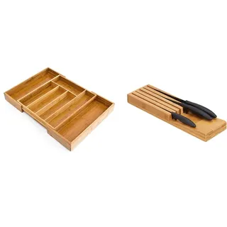 Relaxdays Besteckkasten Bambus, ausziehbarer Besteckeinsatz als Küchenorganizer, natur & Messerorganizer, Messeraufbewahrung für 5 Messer, Messereinsatz für Schublade, 3,5 x 11 x 39 cm, natur