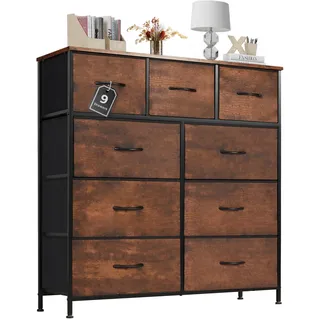 Sweetcrispy Kommode mit Stoff-Schubladen, Sideboard mit 9 Stoff-Schubladen, Schubladenschrank, Organisationsmöbel für Küche, Büro, Flur, TV-Schrank mit Schubladen, Rustikales Braun