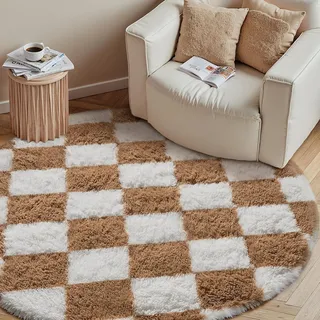 HUGEAR Kariert Flauschig Teppich Rund 120 Teppiche Braun Weiß Shaggy rutschfest Kinderzimmer Mädchen Junge Carpet Bettvorleger Schlafzimmer Hochflor Weich Runder Carpets