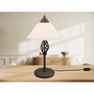 Große dimmbare LED Tischlampe Landhausstil mit Glas Lampenschirm, Höhe 50cm - Braun, Weiß