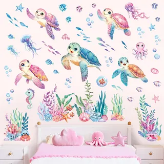 decalmile Wandsticker Unterwasserwelt Meeresschildkröten Wandtattoo Unter dem Meer Seetang Ozean Fisch Qualle Wandaufkleber Babyzimmer Kinderzimmer Badezimmer Wanddeko