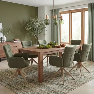 6er-Set Esszimmerstuhl HWC-N11, Stuhl, drehbar Auto-Return Stoff Bouclé 350g/m2 grün, Beine Holz-Optik - Grün
