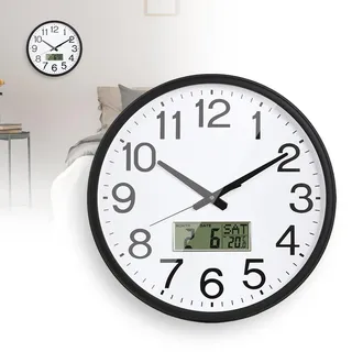 SUNOYA Lautlos Wanduhr, Wanduhr Mit Temperaturanzeige, Funk-Wanduhrs Digital, 32cm Digitale Beleuchtetes LCD Mit Temperatur & Wochentag Für Wohnzimmer Schlafzimmer Büro Küche