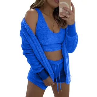 Minetom Schlafanzug Damen 3 Stücke Pyjamas Nachtwäsche Weichen Bademantel Shorts Winter Lounge Nachtwäsche Sets