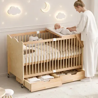 Flieks Gitterbett 70x140cm mit Rollen, Beistellbett Nebenbett mit 2 Schubladen, Babybett mit Ablage / Wickeltisch, 145x75x94.5 cm, Naturbelassen - Naturbelassen