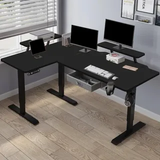 Hilodesk L-Schreibtisch Elektrisch Höhenverstellbar Eckschreibtisch L Förmiger Bürotische Stehpult mit Monitorständer und Schublade 160cm, Schwarz - Schwarz