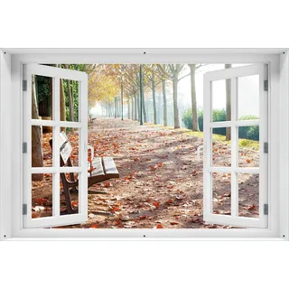 Wallario Outdoor-Poster für Garten oder Balkon 61 x 91,50 cm: Einsame Parkbank an einer Allee - Herbststimmung - Braun