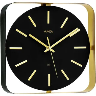 AMS F5585 Funkwanduhr mit schwarzem Metallgehäuse und Messing-Zifferblatt - Schwarz, Gold