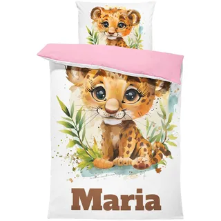 Pictogogo Süßes Tiger-Design Kleinkindbettwäsche für Mädchen und Jungen mit Namen, Personalisiert, Wählbare Baumwollunterfarbe (Weiß, Rosa, Blau, Grau), Oeko-TEX, 100 x 135 cm