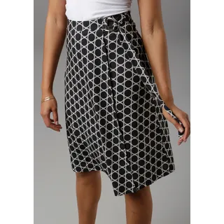 Wickelrock ANISTON SELECTED, Damen, Gr. 36, blau (marine, grau), Jersey, Obermaterial: 95% Polyester, 5% Elasthan, bedruckt, gemustert, figurumspielend knielang, Röcke Wickelrock, mit modischer Schnalle, Topseller