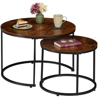 Relaxdays Satztisch, 2er Set, Holzoptik & Metall, Industrial-Design, runde Beistelltische,