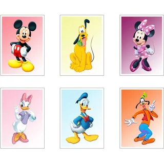 Set mit 6 Holzbildern, Dekoration für modernes Wohnzimmer, Schlafzimmer, Kinderzimmer, Mickey, Daisy, Pluto, Goofy, Donald, Minnie mit Metallaufhängern (29 x 20 cm pro Bild)