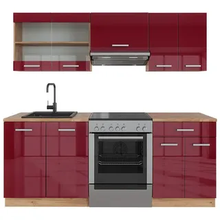Vicco Küchenzeile R-Line 200 cm Rot Hochglanz/Eiche