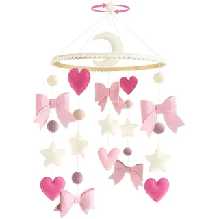 Mobile mit Rosa Schleife Beige Sterne und Monden Handgefertigte Hölz Hängende Mobile Windspiel für Babybett Kinderbett Bettglocke Anhänger Neugeborenen Geschenk für Mädchen