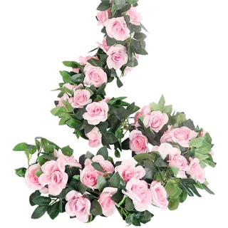 LESING Rosen-Girlanden, künstliche Rosenranken, 4 Stück, künstliche Seidenblumengirlanden mit grünen Pflanzen, Hochzeit, hängende Blumenranken, Girlanden für Zuhause, Bogen, Gartendekoration