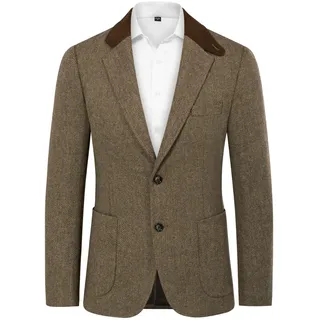 PJ PAUL JONES Herren-Blazer mit Fischgrätenmuster, Vintage-Tweed-Wollmischung, Sport-Mantel, Heller Kaffee, L