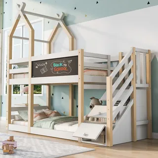 Kinderbett Baumhaus mit Tafel und Stauraum 90x200 cm Natur-Weiß - EN 747 - Rausfallschutz - 2 Lattenroste - Weiß