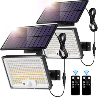 SIGRILL Solarlampen mit Bewegungsmelder 172LED, Solar Strahler IP65 Außenwandleuchte, Gartenleuchten mit 5m Kabel, Solarleuchten für Außen, Garage (2 Stück-Kaltes Licht)