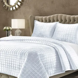 Tribeca Living Samt Queen-Bettwäsche-Set, dreiteiliges Boxstich-Bettwäsche-Set, inklusive übergroßer Steppdecke und Zwei Kissenbezügen, 260 g/m2, superweicher Samt, Weiß
