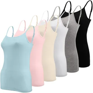 BQTQ 6 Stück Unterhemd Damen Spaghetti Top Spaghettiträger Tank Top mit Verstellbarer Strap Basic Cami Tank Top für Frauen und Mädchen, Schwarz, Weiß, Grau, Himmelblau, Rosa, Beige, S