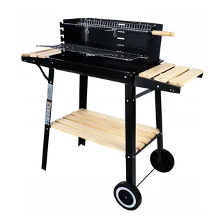 Großer Holzkohle-Gartengrill auf Rädern Drehspieß 3x Ablagen Premium Grillset - Schwarz