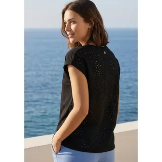 Spitzenshirt TAMARIS, Damen, Gr. 34, schwarz, Single Jersey, Obermaterial: 100% Baumwolle. Obermaterial Rückenteil: 100% Baumwolle, unifarben, lässig geschnitten hüftlang, Rundhals, angeschnitten Aufschlag, Shirts Spitzenshirt, mit Lochstickerei für ein luftig-leichtes Sommergefühl, Topseller