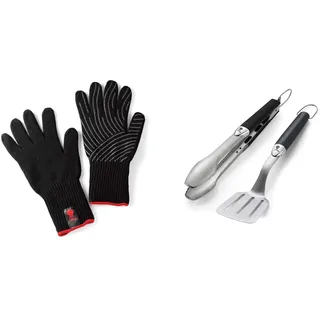 Weber 6669 Premium Grillhandschuhe, Größe S/M, Silikon Grifffläche, hitzebeständig & 6645 Grillbesteck Kompakt 2-teilig, Zange und Wender, Edelstahl, schwarz