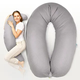 sei Design XXL Stillkissen 190 cm x 35 cm mit Musselin-Bezug ergonomisch. Schwangerschaftskissen Seitenschläferkissen Komfortkissen für Erwachsene. Stillkissenbezug aus 100% Bio-Baumwolle