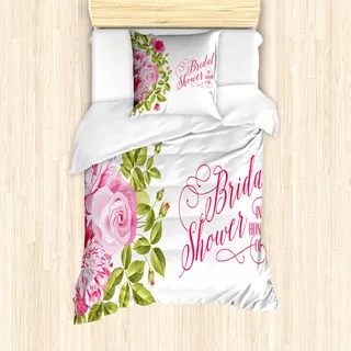 ABAKUHAUS Rosa Bettbezug Set für Einzelbetten, Braut schäbige Blumen, Milbensicher Allergiker geeignet mit Kissenbezug, Hellrosa Pink und Grün